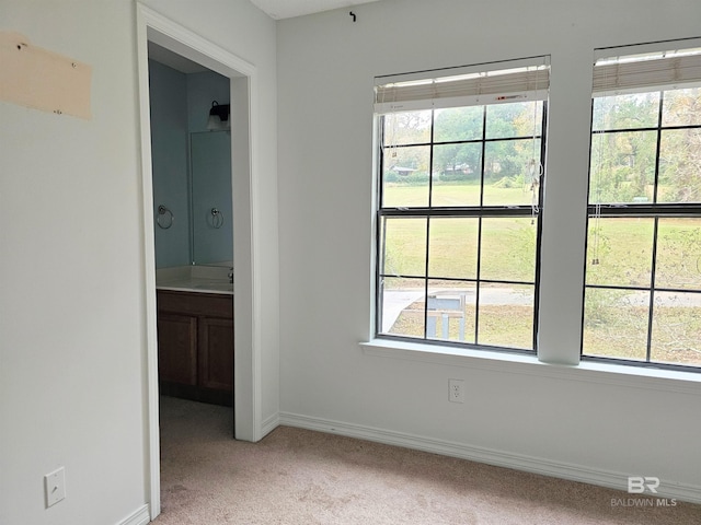 empty room with plenty of natural light, light colored carpet, and sink