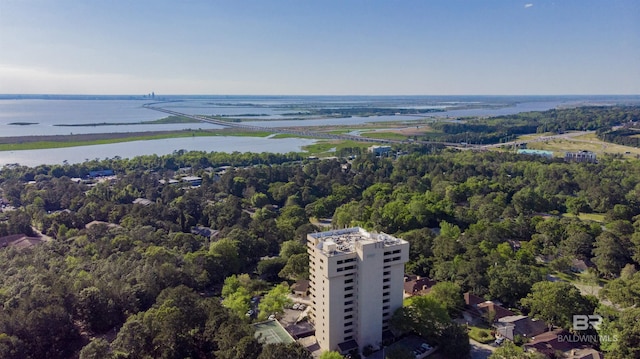 birds eye view of property with a water view and a wooded view