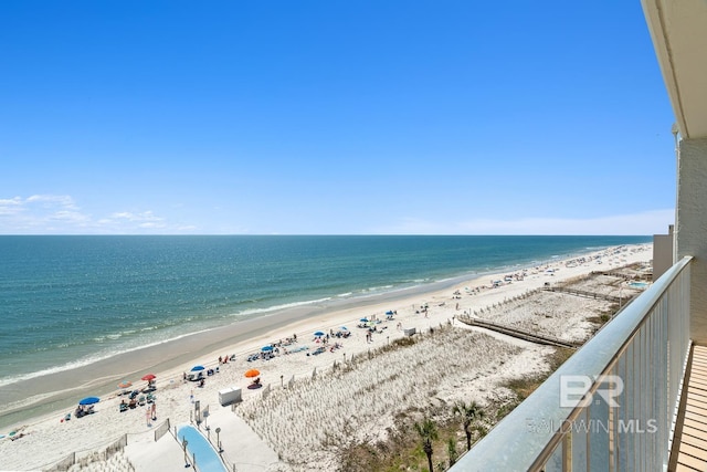 view of water feature with a beach view