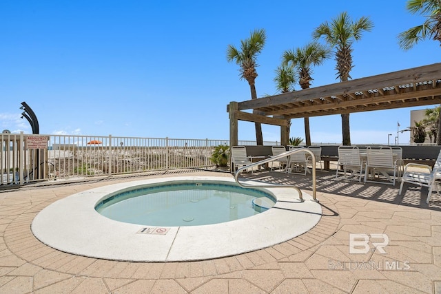 view of pool featuring a pergola, outdoor dining area, a patio, and fence