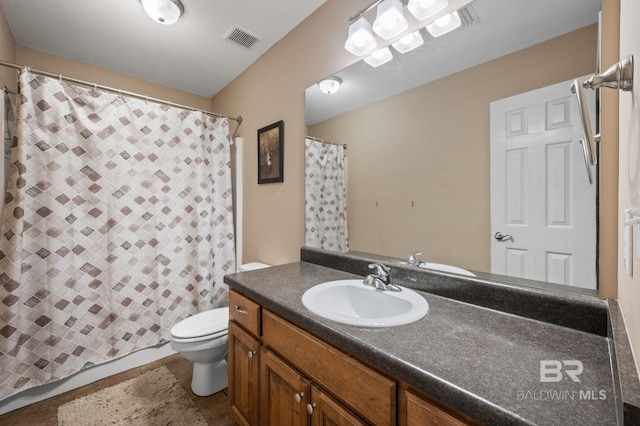 full bathroom featuring vanity, toilet, and a shower with curtain
