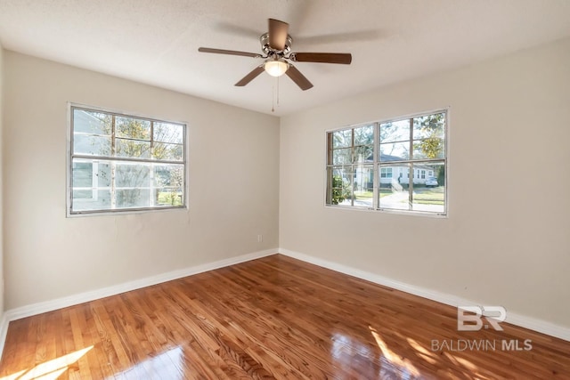 spare room featuring plenty of natural light, baseboards, and wood finished floors