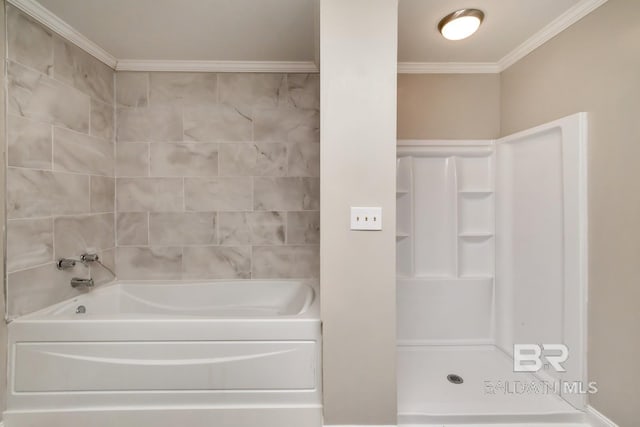 full bath with a shower, ornamental molding, and a bathing tub