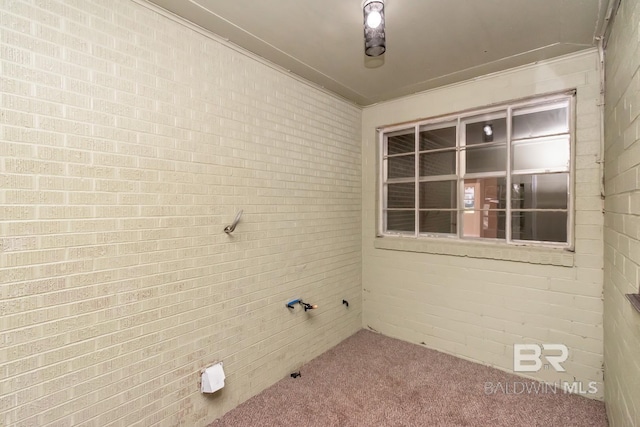 laundry area featuring brick wall and carpet