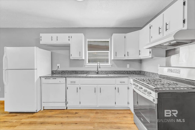 3304 Armond St, Mobile, AL 36605 - kitchen featuring white appliances, under cabinet range hood, white cabinetry, and a textured ceiling
