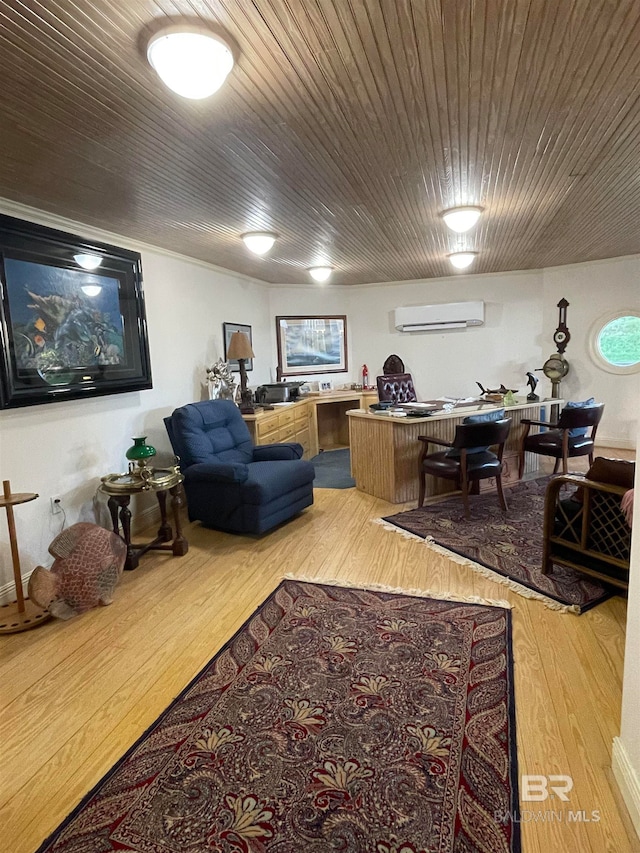 living room featuring hardwood / wood-style floors, a wall mounted AC, and wood ceiling