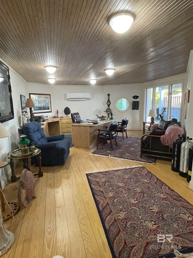 living room featuring wood ceiling, a wall mounted air conditioner, and hardwood / wood-style flooring