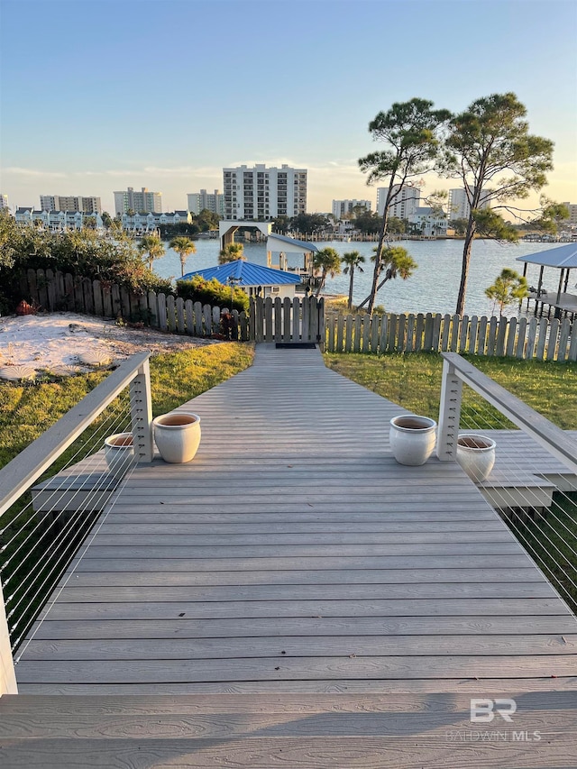 view of dock with a water view