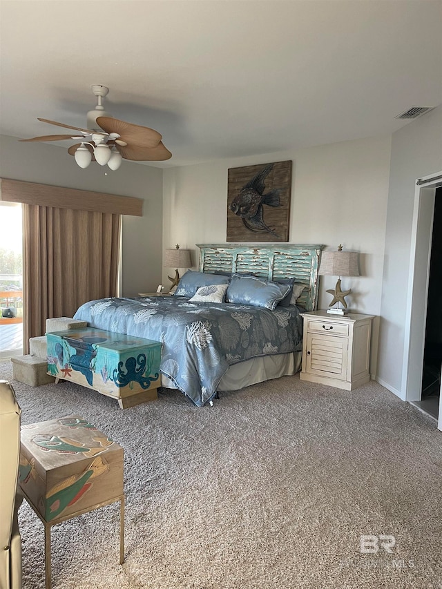 bedroom with light carpet and ceiling fan