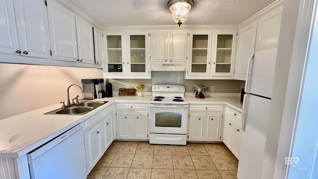 kitchen with white cabinets, light tile patterned floors, a textured ceiling, sink, and white appliances