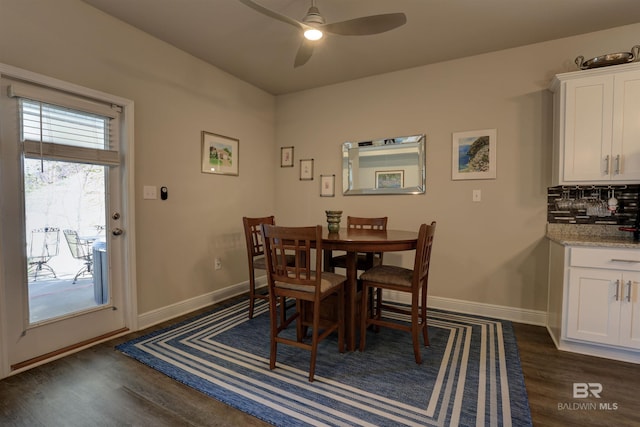 dining area with ceiling fan and dark wood-type flooring