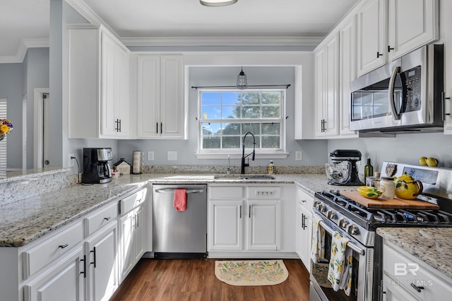 kitchen featuring ornamental molding, a sink, dark wood-style floors, white cabinetry, and appliances with stainless steel finishes