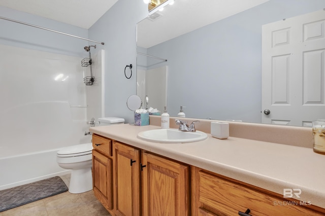 bathroom featuring visible vents, toilet, vanity, tile patterned flooring, and shower / bathtub combination