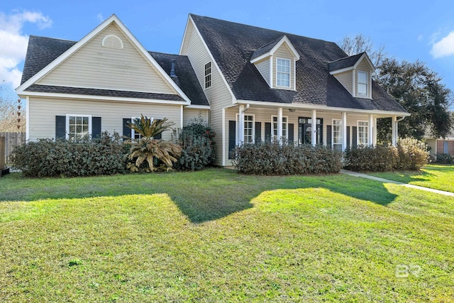 cape cod-style house featuring covered porch, a shingled roof, and a front yard