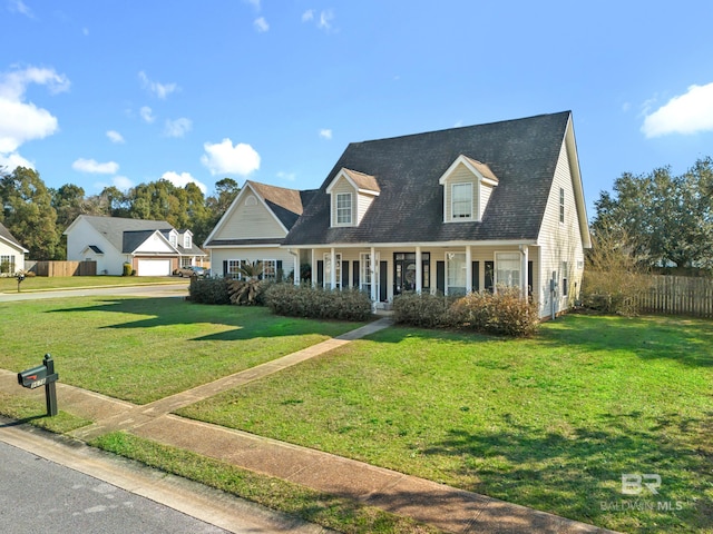 new england style home featuring a porch, a front yard, and fence