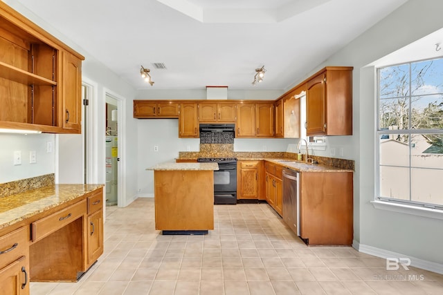 kitchen with range hood, visible vents, water heater, a sink, and black range with electric stovetop