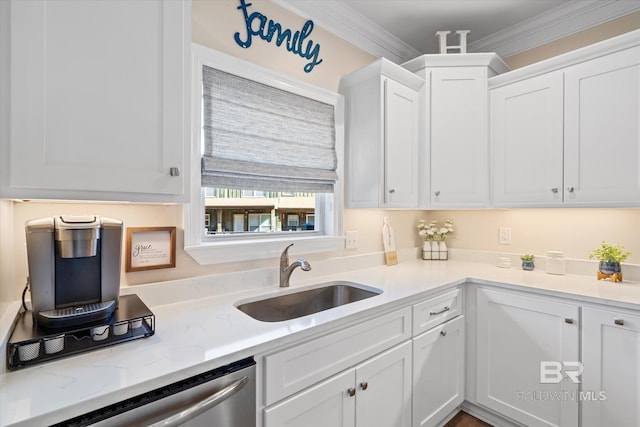 kitchen featuring crown molding, white cabinetry, a sink, light stone countertops, and dishwasher