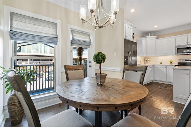 dining area featuring baseboards, dark wood-type flooring, crown molding, a chandelier, and recessed lighting