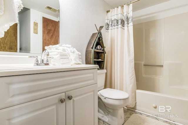 full bathroom with toilet, shower / bath combination with curtain, tile patterned flooring, and vanity