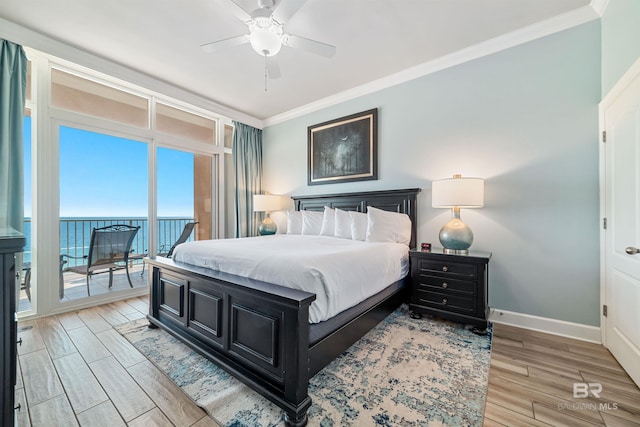 bedroom with access to outside, crown molding, ceiling fan, light wood-type flooring, and baseboards