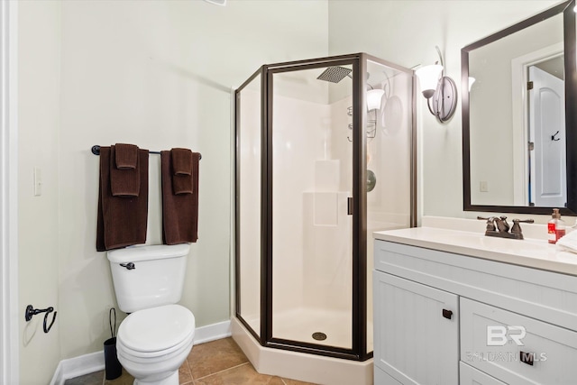 bathroom featuring vanity, toilet, an enclosed shower, and tile patterned flooring