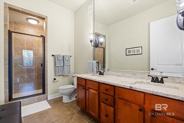 bathroom with walk in shower, tile patterned floors, vanity, and toilet