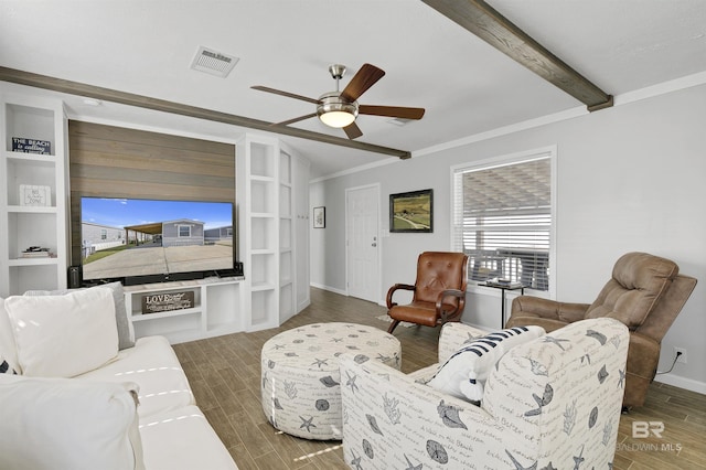 living area featuring dark wood-type flooring, visible vents, lofted ceiling with beams, and a ceiling fan