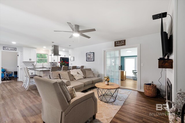 living room featuring ceiling fan and hardwood / wood-style flooring