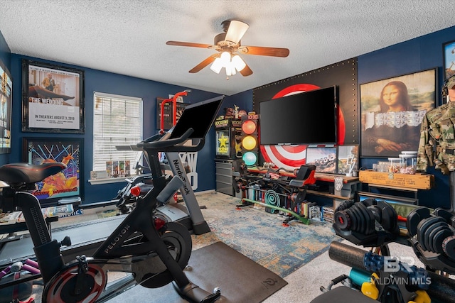 1116 Linlen Ave, Mobile, AL 36609 - workout room featuring a textured ceiling, ceiling fan, and carpet flooring
