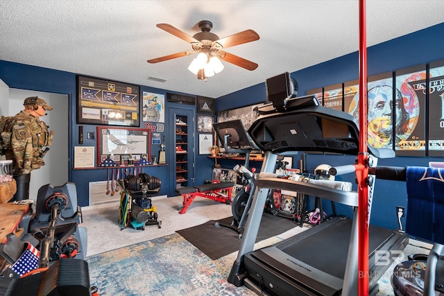 1116 Linlen Ave, Mobile, AL 36609 - exercise room featuring a ceiling fan, carpet floors, and a textured ceiling