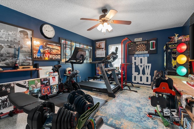 1116 Linlen Ave, Mobile, AL 36609 - exercise area featuring ceiling fan, a textured ceiling, and carpet flooring