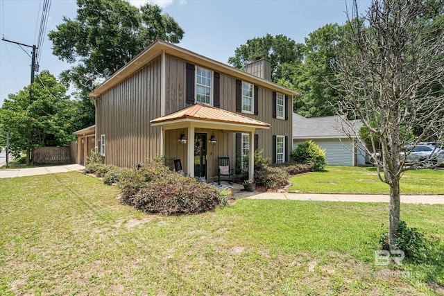 1116 Linlen Ave, Mobile, AL 36609 - view of front of house with a chimney, board and batten siding, driveway, and a garage