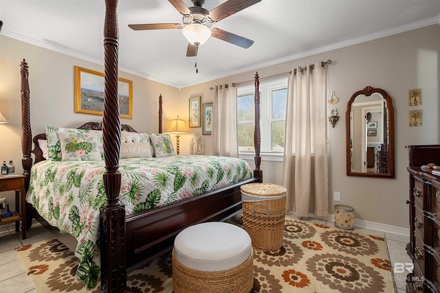 bedroom with baseboards, ornamental molding, a ceiling fan, and tile patterned flooring