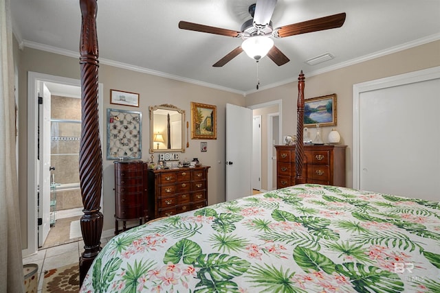 bedroom with visible vents, ornamental molding, light tile patterned floors, a closet, and a ceiling fan