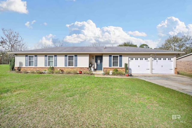 ranch-style house featuring a garage, driveway, brick siding, and a front yard