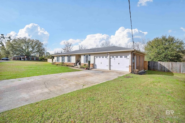 single story home with a front lawn, fence, concrete driveway, an attached garage, and brick siding