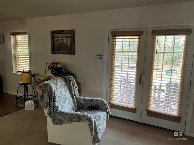 living area with french doors, carpet, and plenty of natural light