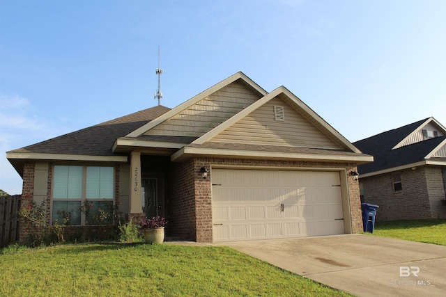 single story home featuring brick siding, a shingled roof, concrete driveway, an attached garage, and a front yard