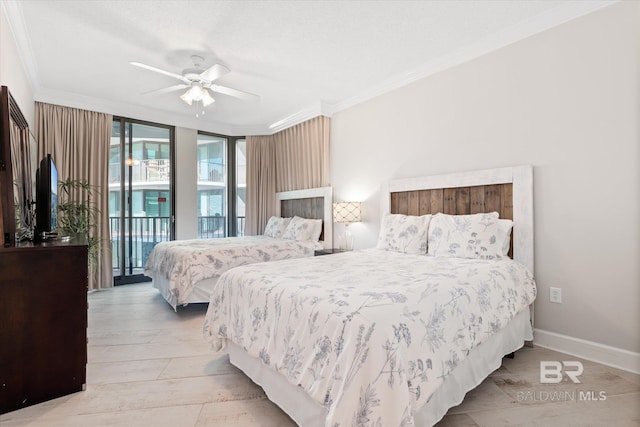 bedroom with ornamental molding, a ceiling fan, a wall of windows, access to outside, and baseboards