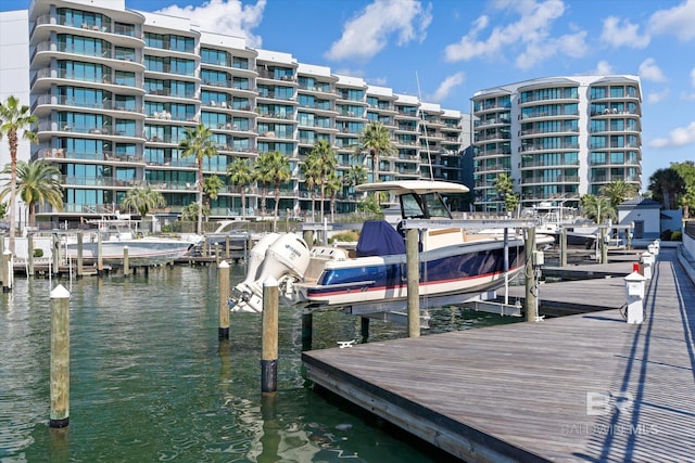 view of dock featuring a water view and boat lift