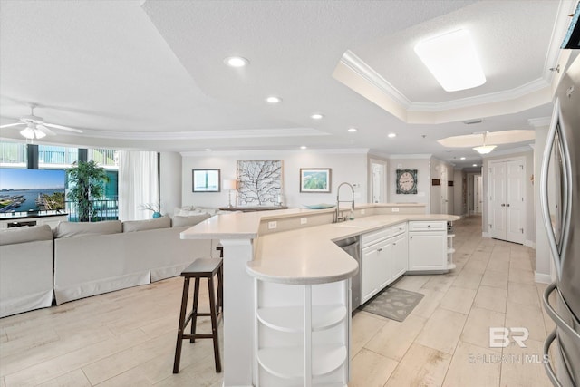 kitchen with appliances with stainless steel finishes, open floor plan, a tray ceiling, light countertops, and a sink