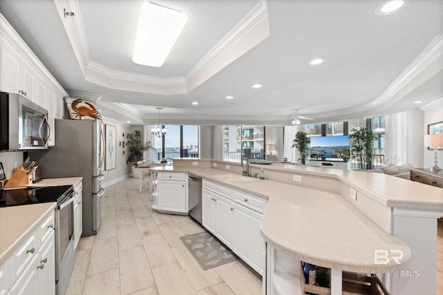 kitchen with a raised ceiling, light countertops, stainless steel appliances, white cabinetry, and a sink