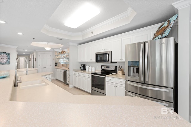 kitchen featuring appliances with stainless steel finishes, a raised ceiling, white cabinetry, and crown molding