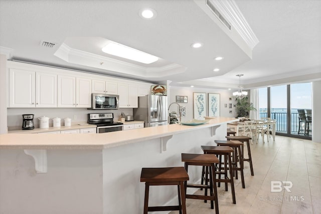 kitchen featuring stainless steel appliances, a tray ceiling, crown molding, and a kitchen bar