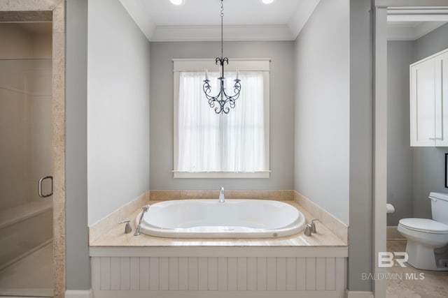 bathroom featuring tile floors, ornamental molding, toilet, and independent shower and bath