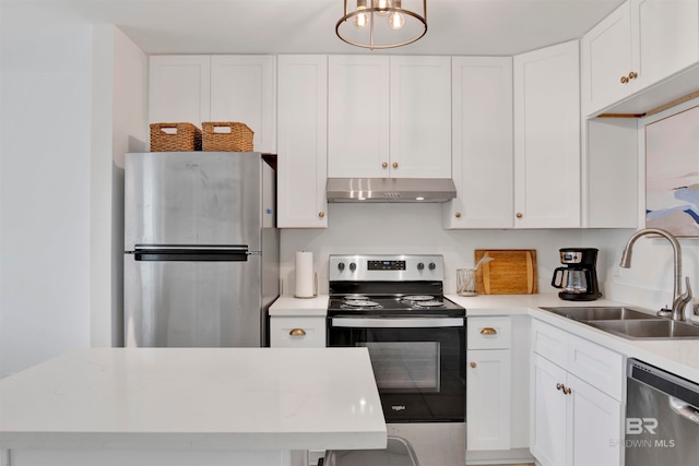 kitchen featuring stainless steel appliances, sink, and white cabinets