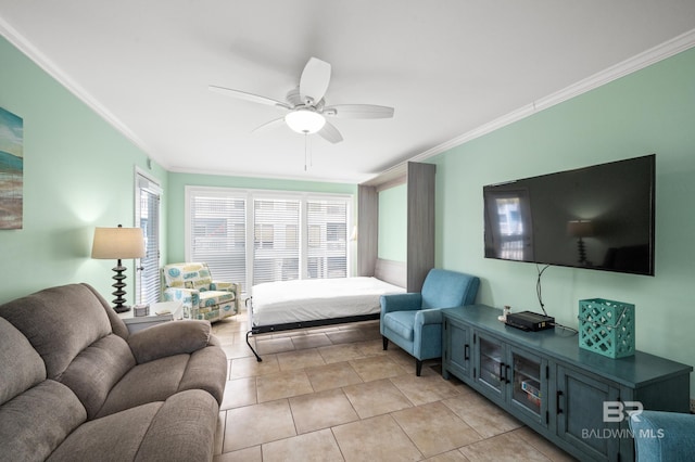 bedroom with ceiling fan, light tile patterned floors, and ornamental molding