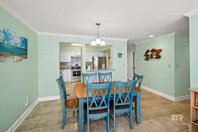 tiled dining room featuring crown molding and a notable chandelier