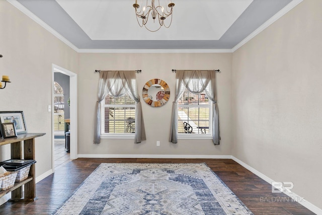 interior space with a wealth of natural light, dark wood finished floors, and a tray ceiling