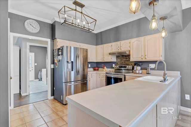 kitchen featuring ornamental molding, appliances with stainless steel finishes, a sink, and under cabinet range hood